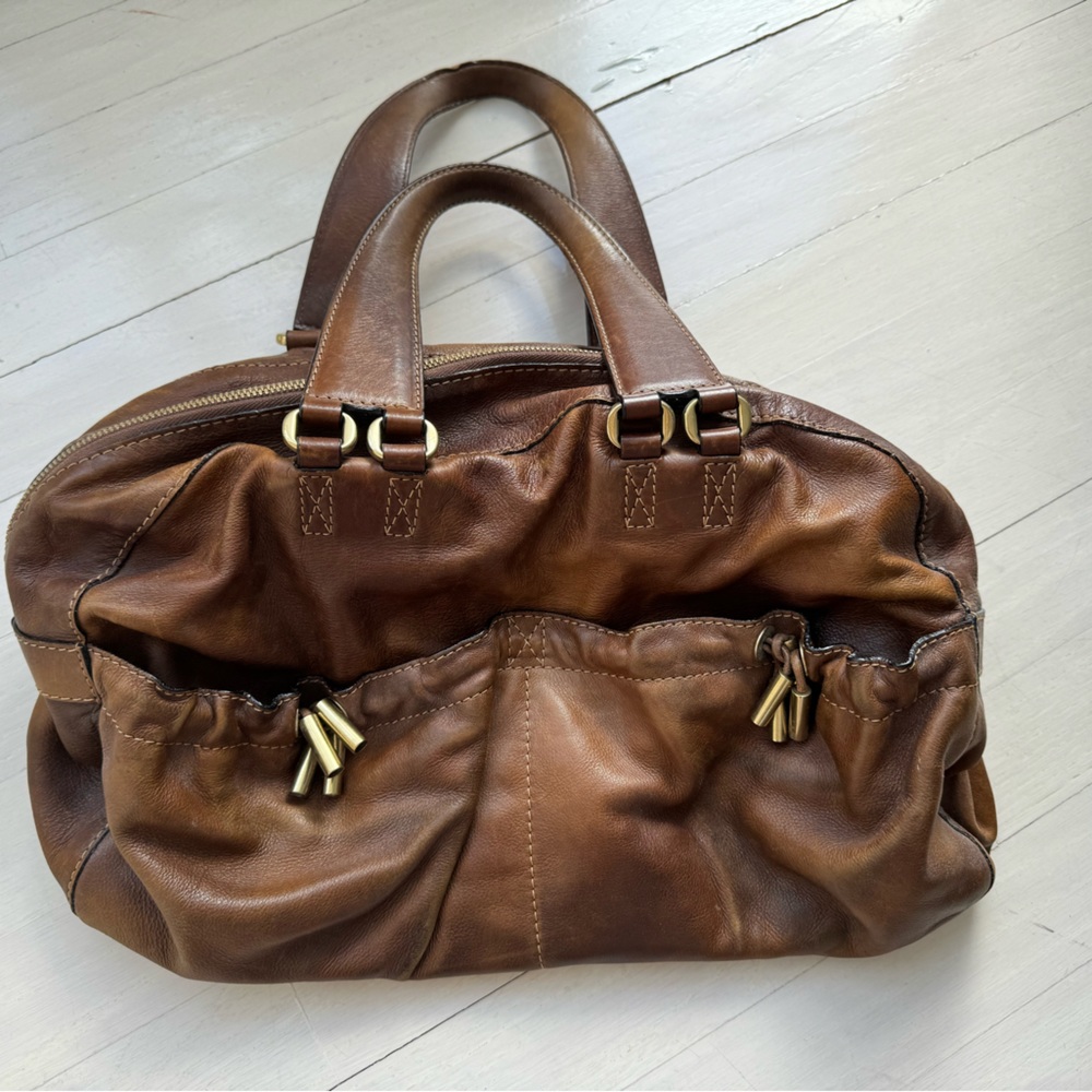Donna Karan Brown Vintage Genuine Leather Handbag with Duster